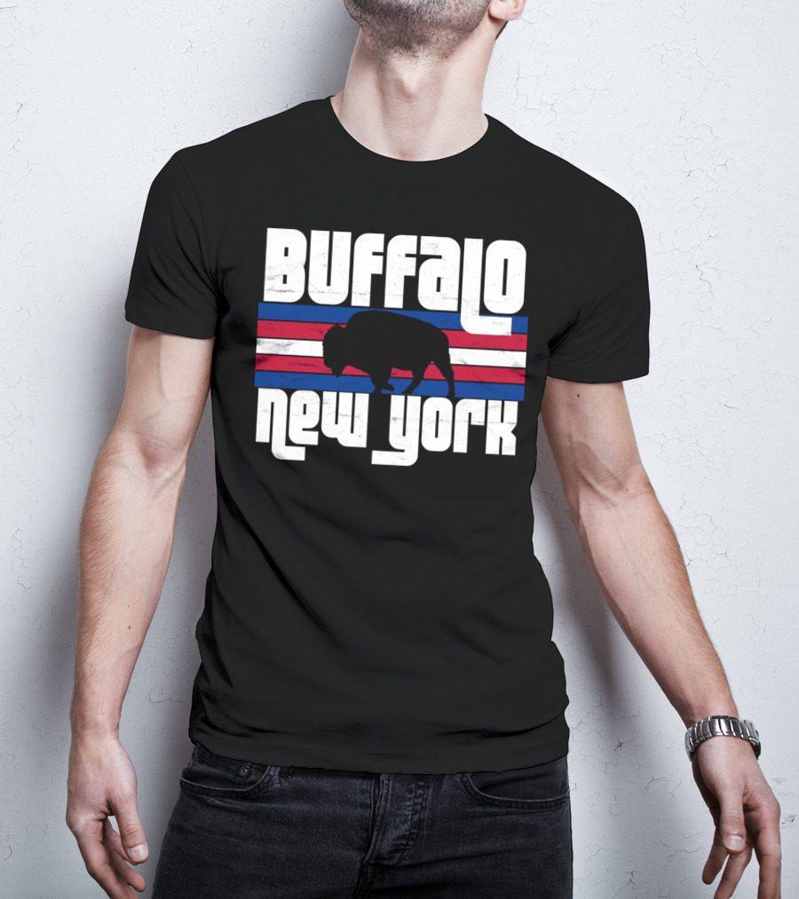 Buffalo New York Bison Silhouette Retro Stripes T-Shirt