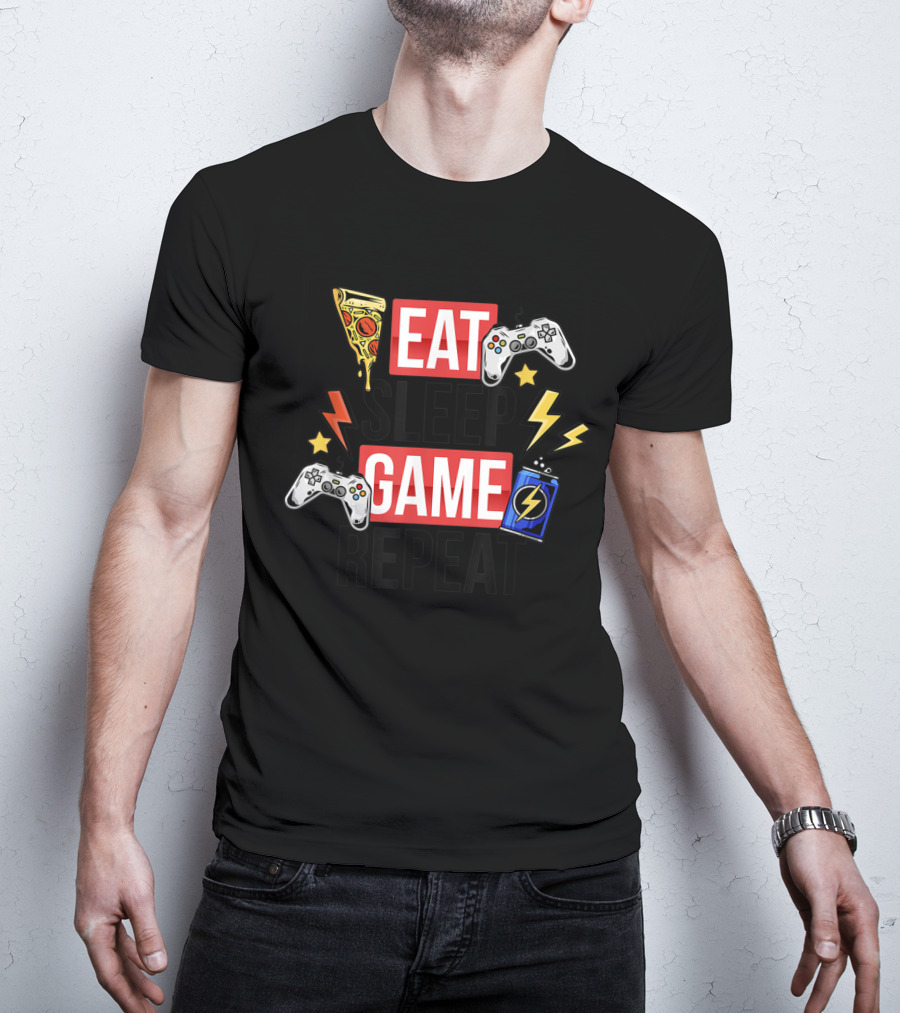 EAT SLEEP GAME REPEAT Pizza Controllers Lightning Energy T-Shirt