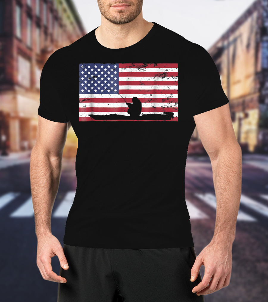 Kayak Fishing Silhouette On Distressed American Flag T-Shirt