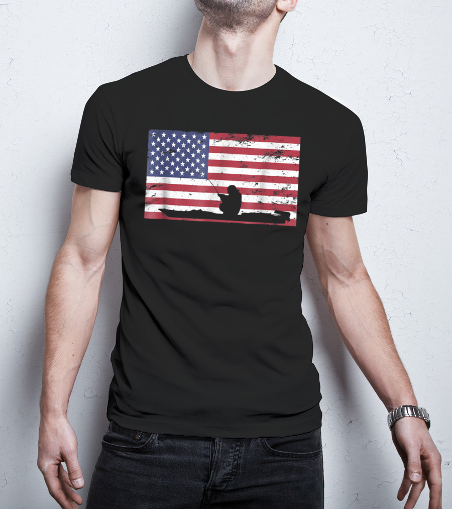 Kayak Fishing Silhouette On Distressed American Flag T-Shirt