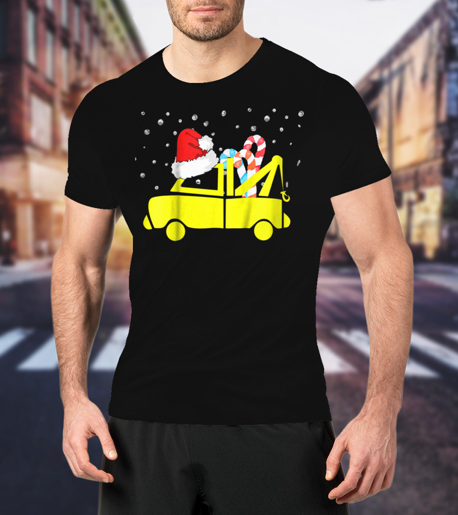 Kids Tow Truck Boys Christmas Santa Hat Candy Cane Snow T-Shirt