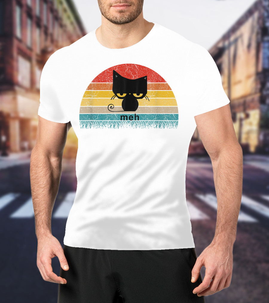 Meh Black Cat Retro Sunset Funny Cat Lovers T-Shirt