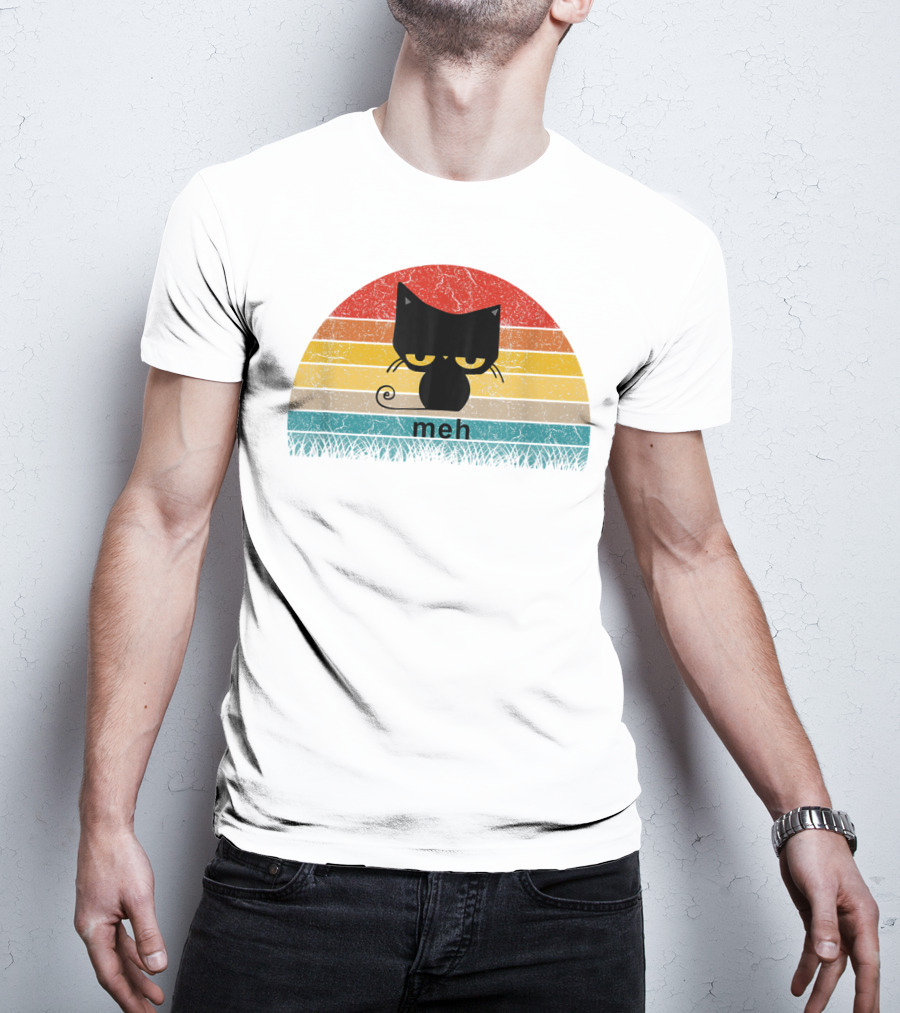 Meh Black Cat Retro Sunset Funny Cat Lovers T-Shirt