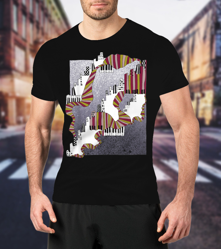 Mellow My Man Cityscape With 90s Hip Hop Piano Keys And Vibrant Stripes T-Shirt