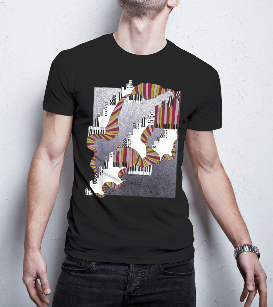 Mellow My Man Cityscape With 90s Hip Hop Piano Keys And Vibrant Stripes T-Shirt