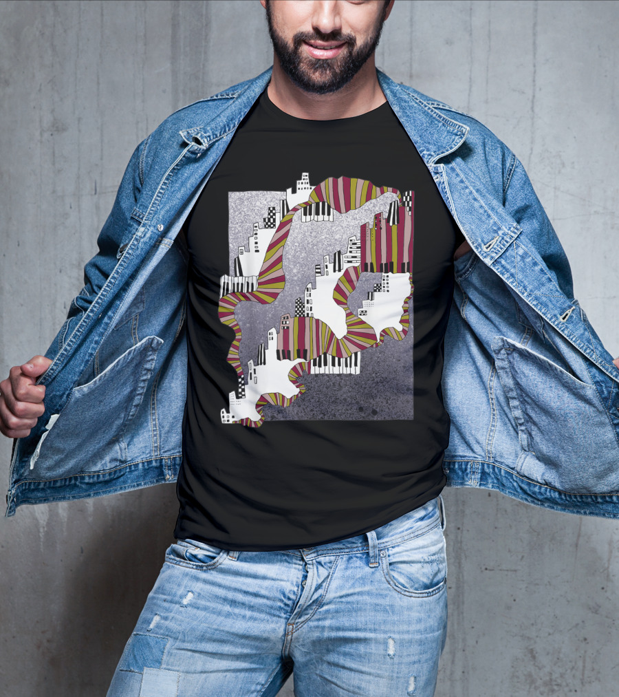 Mellow My Man Cityscape With 90s Hip Hop Piano Keys And Vibrant Stripes T-Shirt