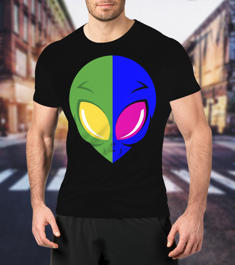 Mens Glow In The Dark Alien Head Dual Colors Green Blue Yellow Pink T-Shirt