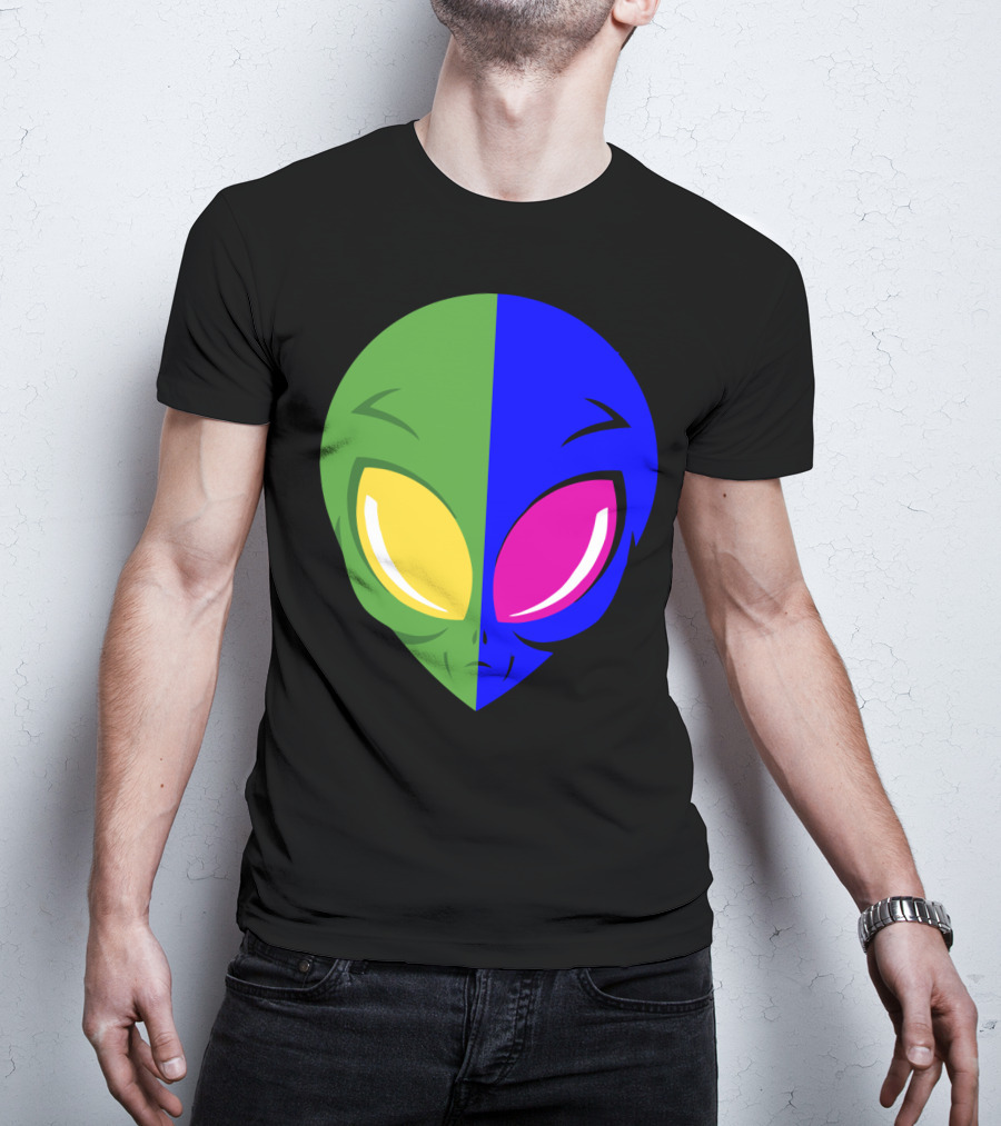 Mens Glow In The Dark Alien Head Dual Colors Green Blue Yellow Pink T-Shirt