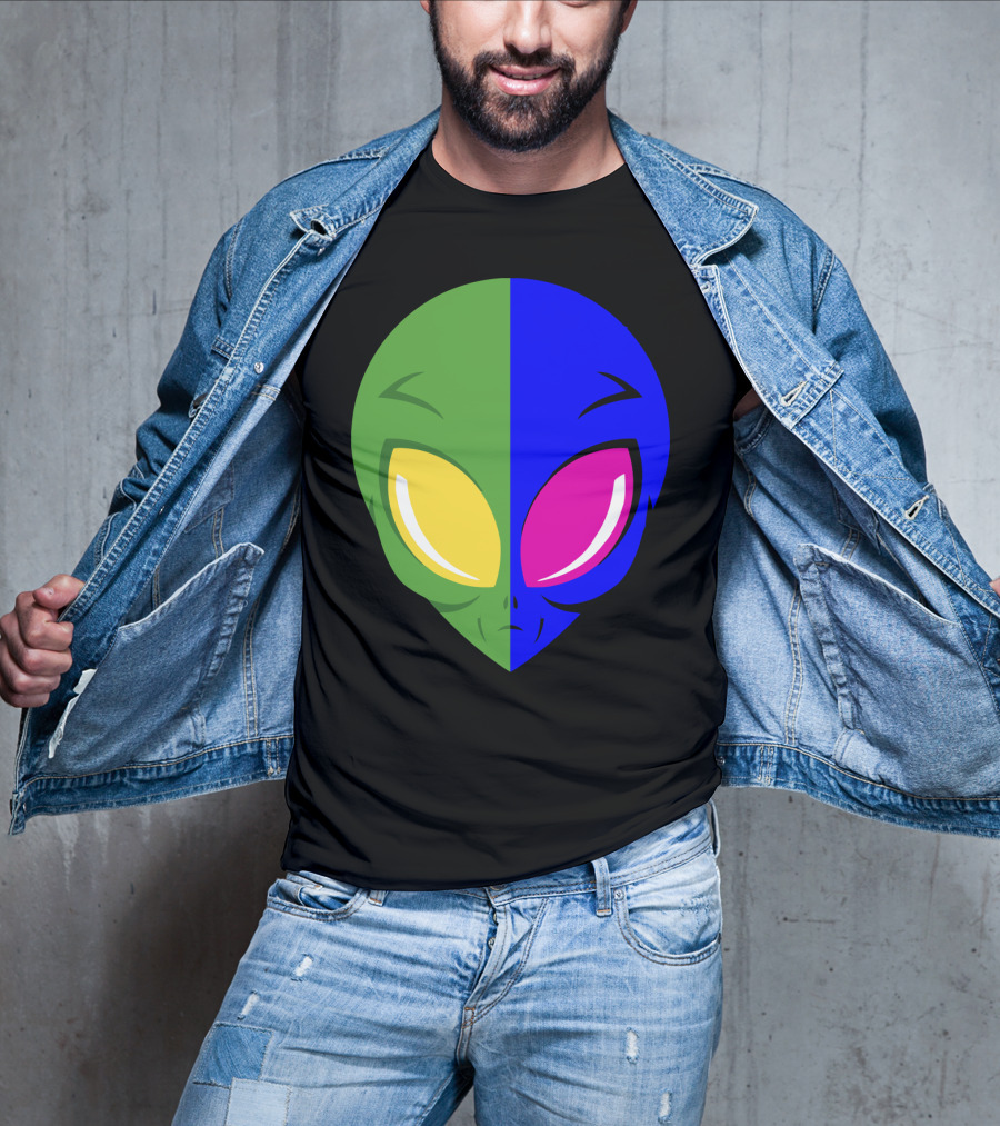 Mens Glow In The Dark Alien Head Dual Colors Green Blue Yellow Pink T-Shirt