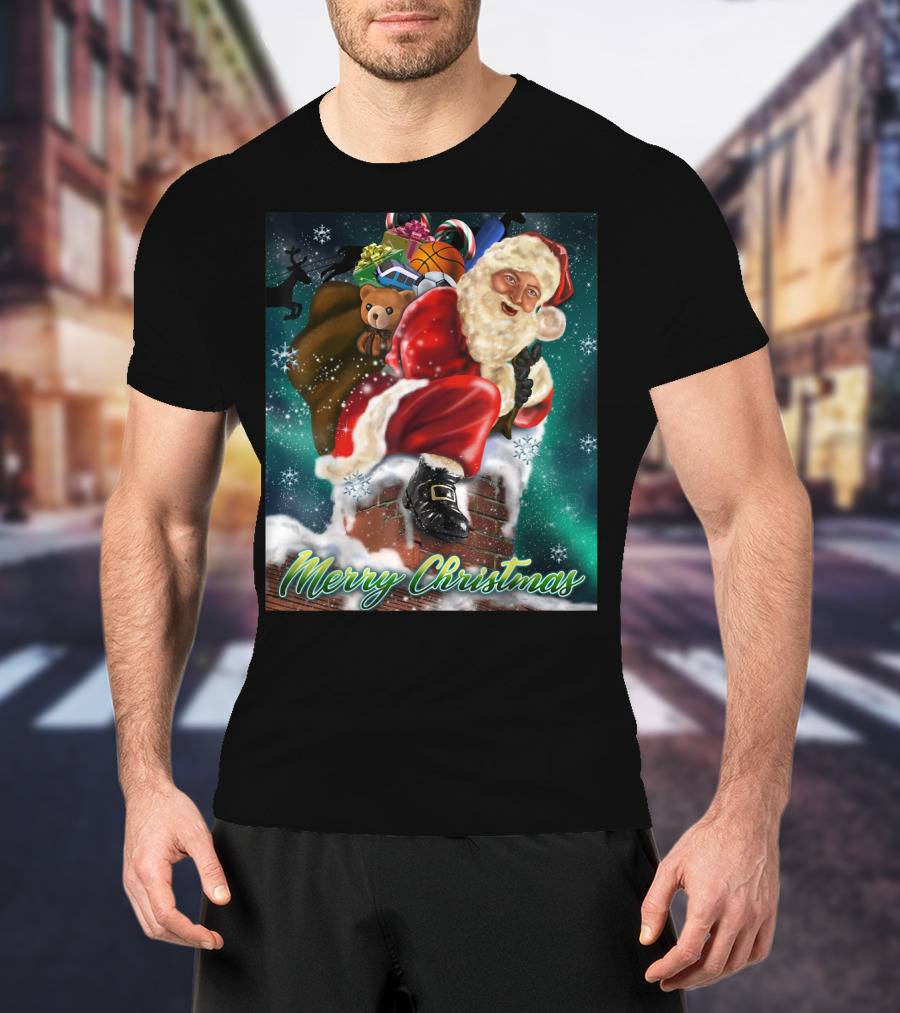 Merry Christmas Santa Claus On Chimney With Toy Sack Holiday Scene T-Shirt