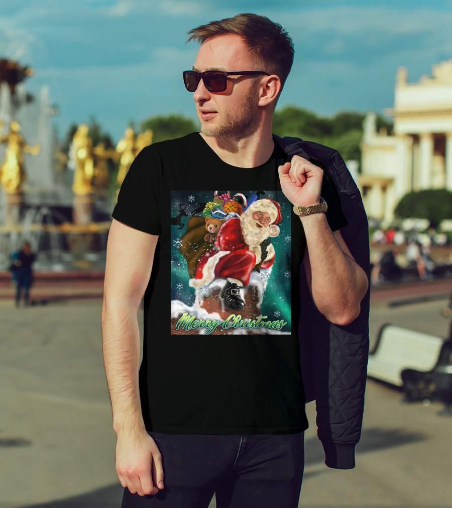 Merry Christmas Santa Claus On Chimney With Toy Sack Holiday Scene T-Shirt