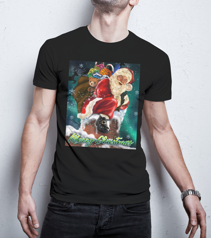 Merry Christmas Santa Claus On Chimney With Toy Sack Holiday Scene T-Shirt