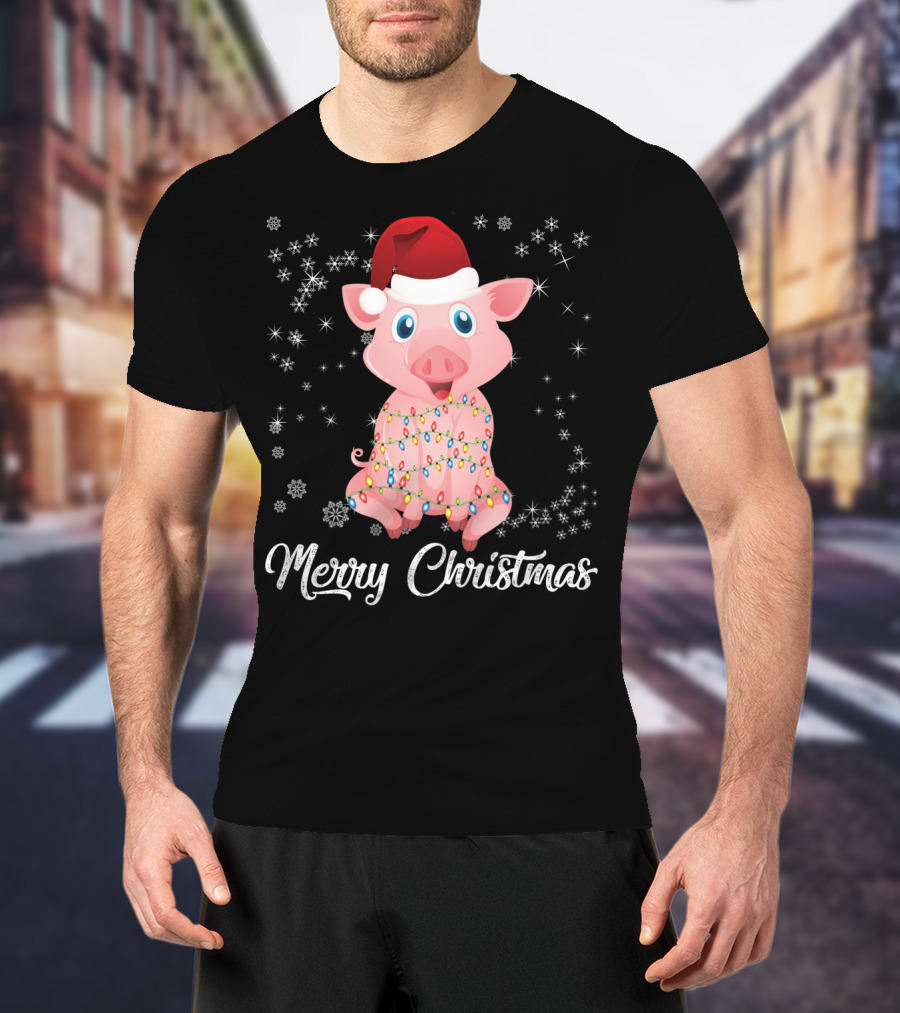 Merry Christmas Pig Santa Hat Wrapped In Holiday Lights T-Shirt
