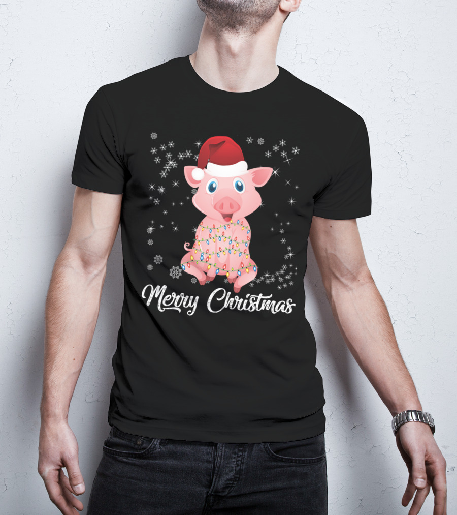 Merry Christmas Pig Santa Hat Wrapped In Holiday Lights T-Shirt