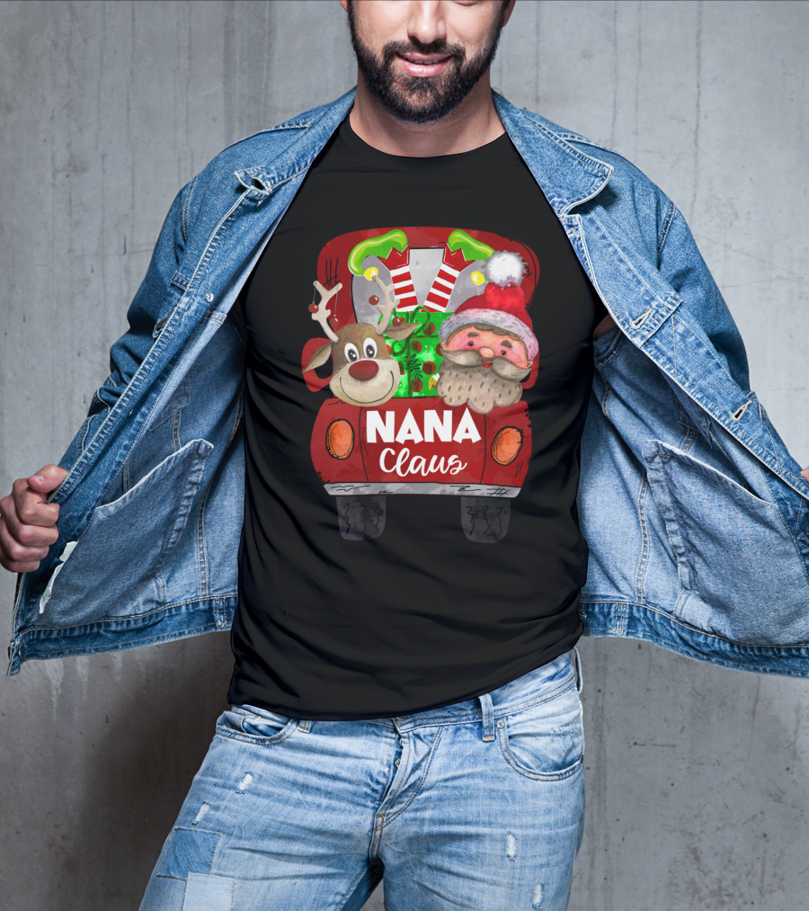 Nana Claus Red Car Christmas Reindeer And Santa T-Shirt