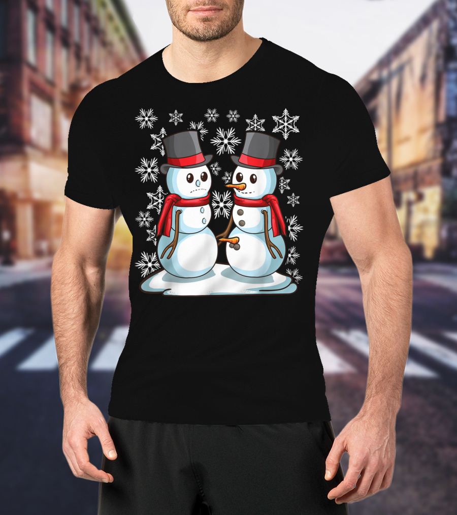 Naughty Christmas Snowmen With Carrot And Top Hats Amidst Snowflakes T-Shirt