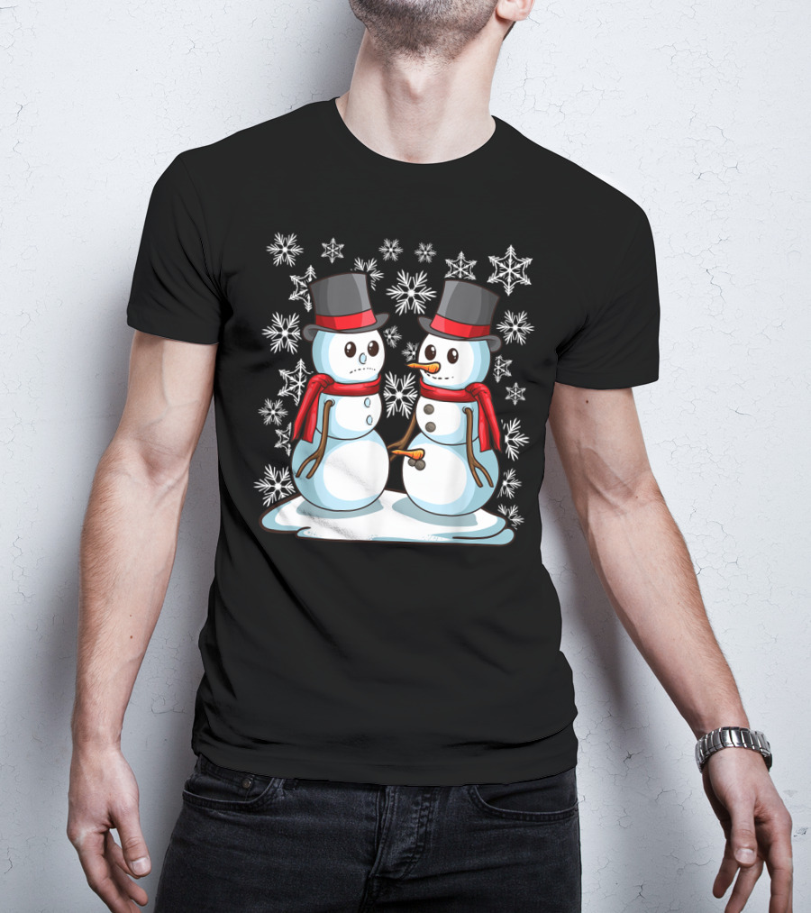 Naughty Christmas Snowmen With Carrot And Top Hats Amidst Snowflakes T-Shirt