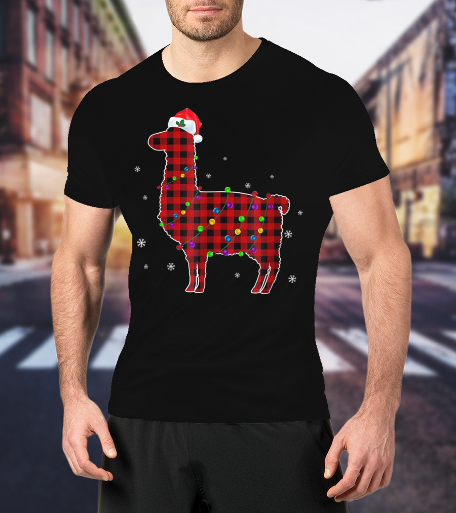 Red Plaid Buffalo Llama Christmas Lights Santa Hat T-Shirt