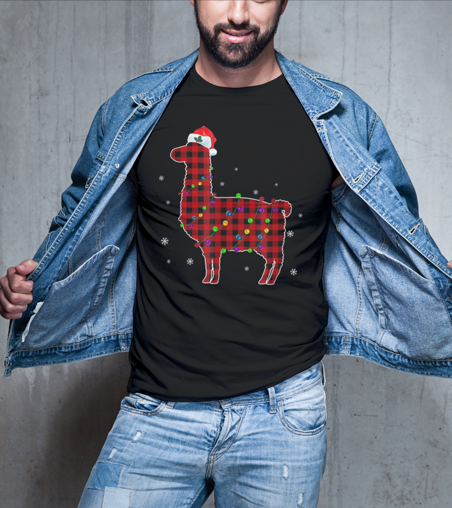 Red Plaid Buffalo Llama Christmas Lights Santa Hat T-Shirt