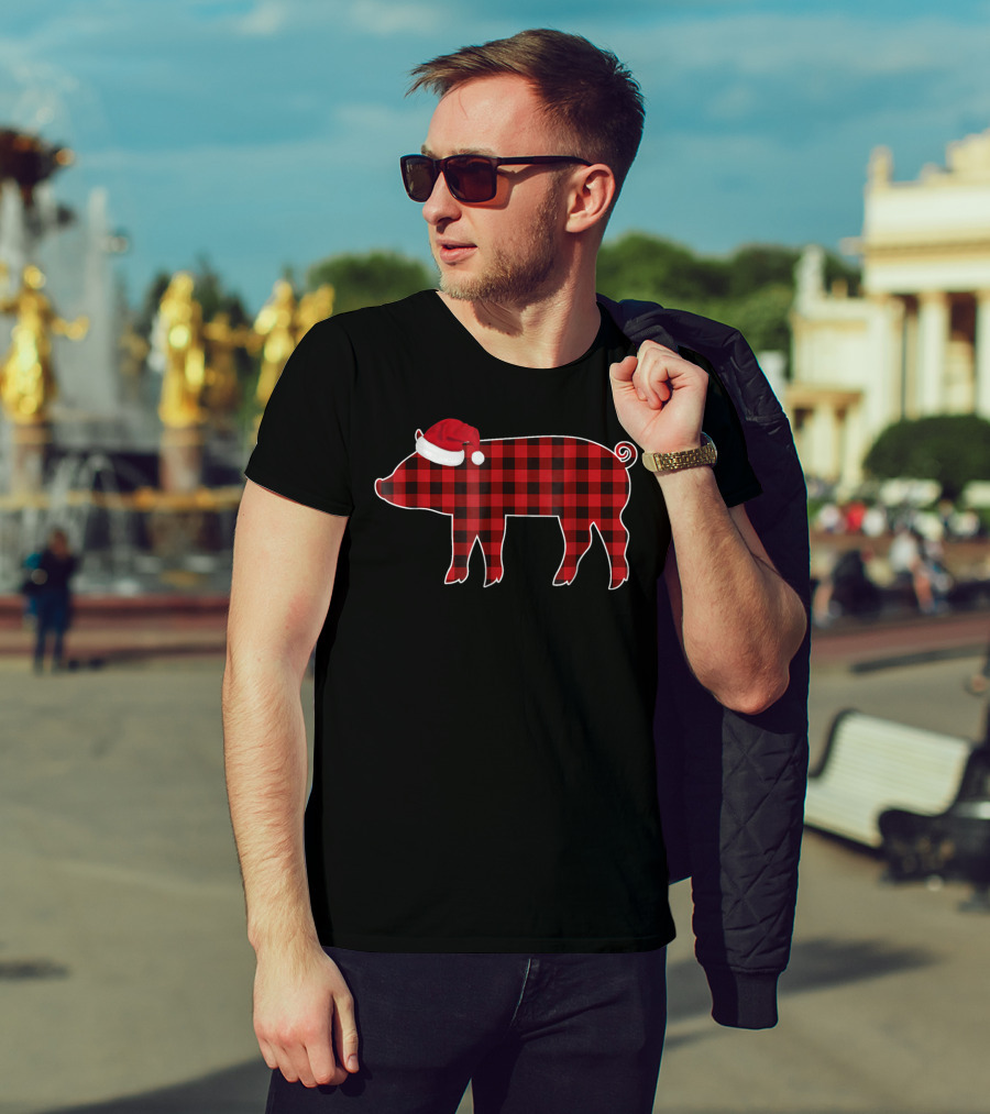 Buffalo Plaid Pig With Santa Hat Christmas T-Shirt