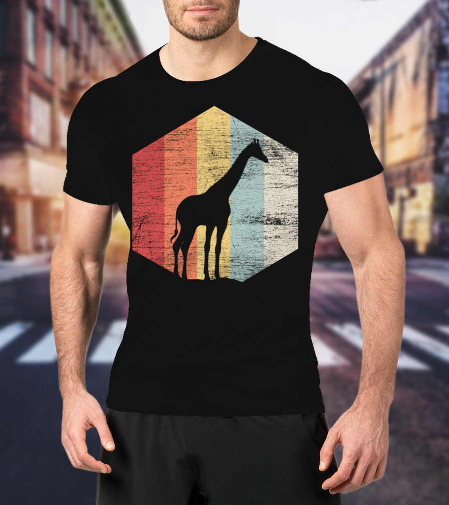 Retro Giraffe Silhouette With Vintage Stripes T-Shirt