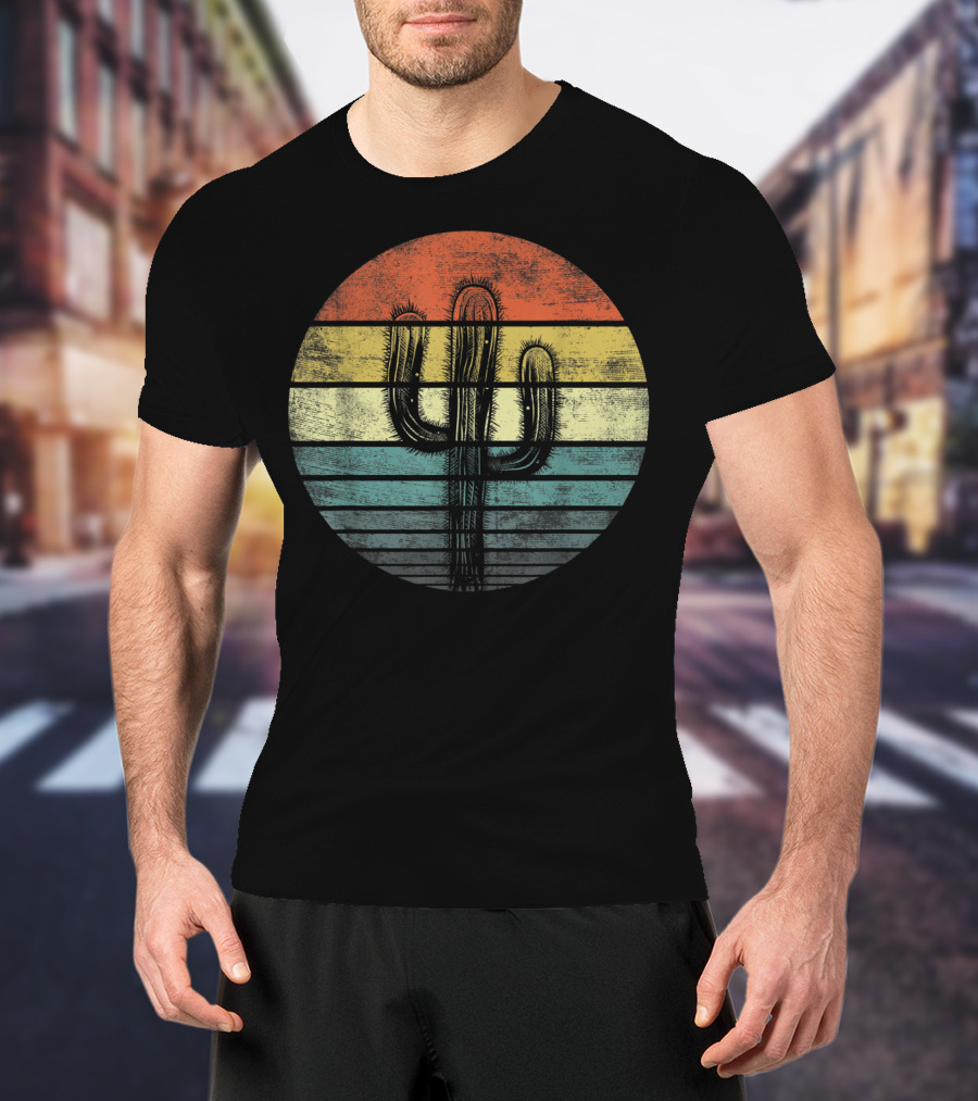 Retro Saguaro Cactus Sunset Stripes Cactaceae Vintage Vibes T-Shirt