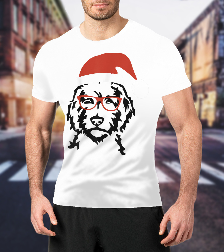 Santa Doodle Goldendoodle Christmas Red Hat Glasses T-Shirt