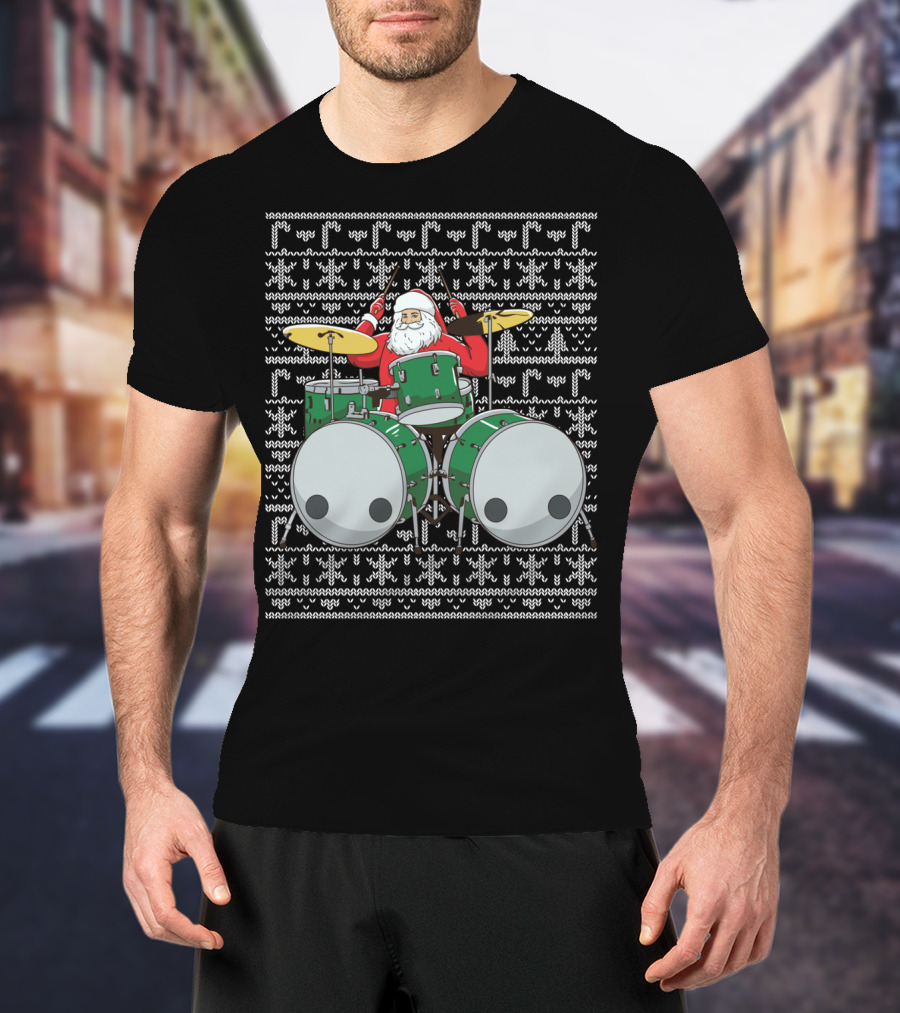 Santa Drummer Christmas Ugly Sweater Style Drums T-Shirt