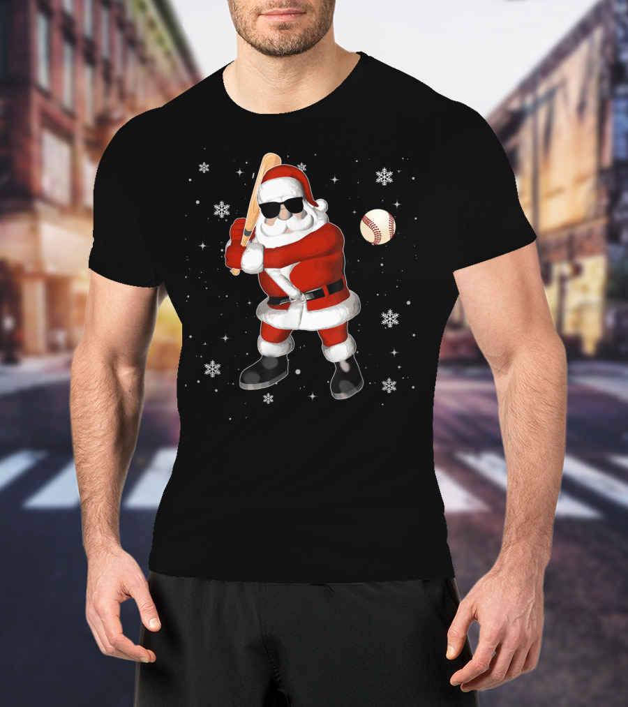 Santa Baseball Snowflake Batting Holiday T-Shirt