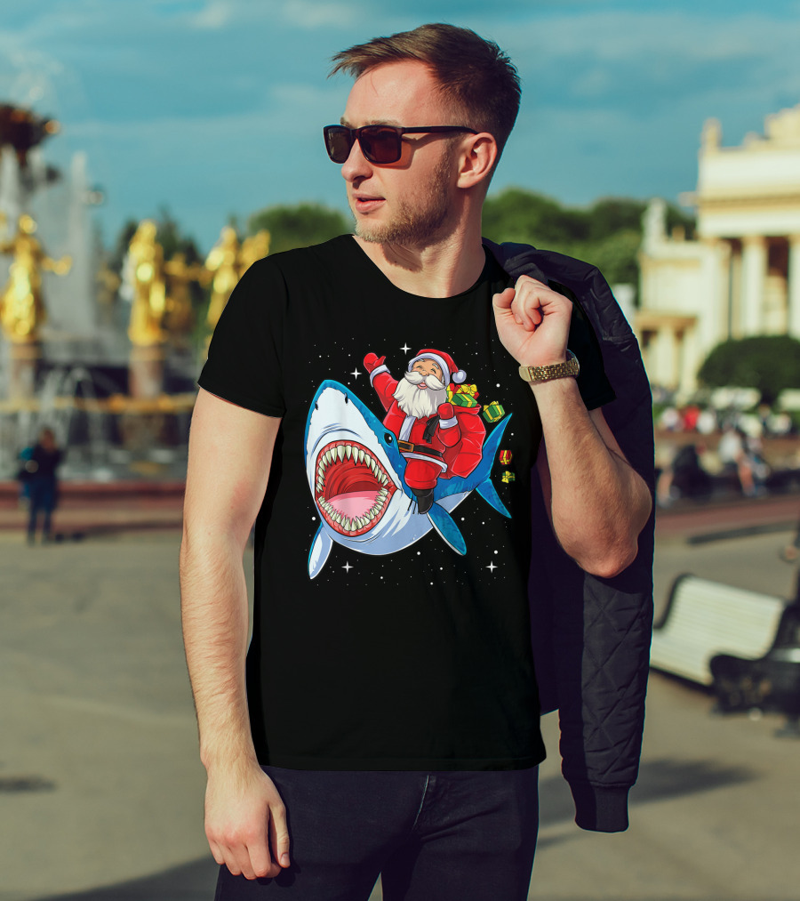 Santa And Presents On Shark In Starry Christmas Galaxy T-Shirt