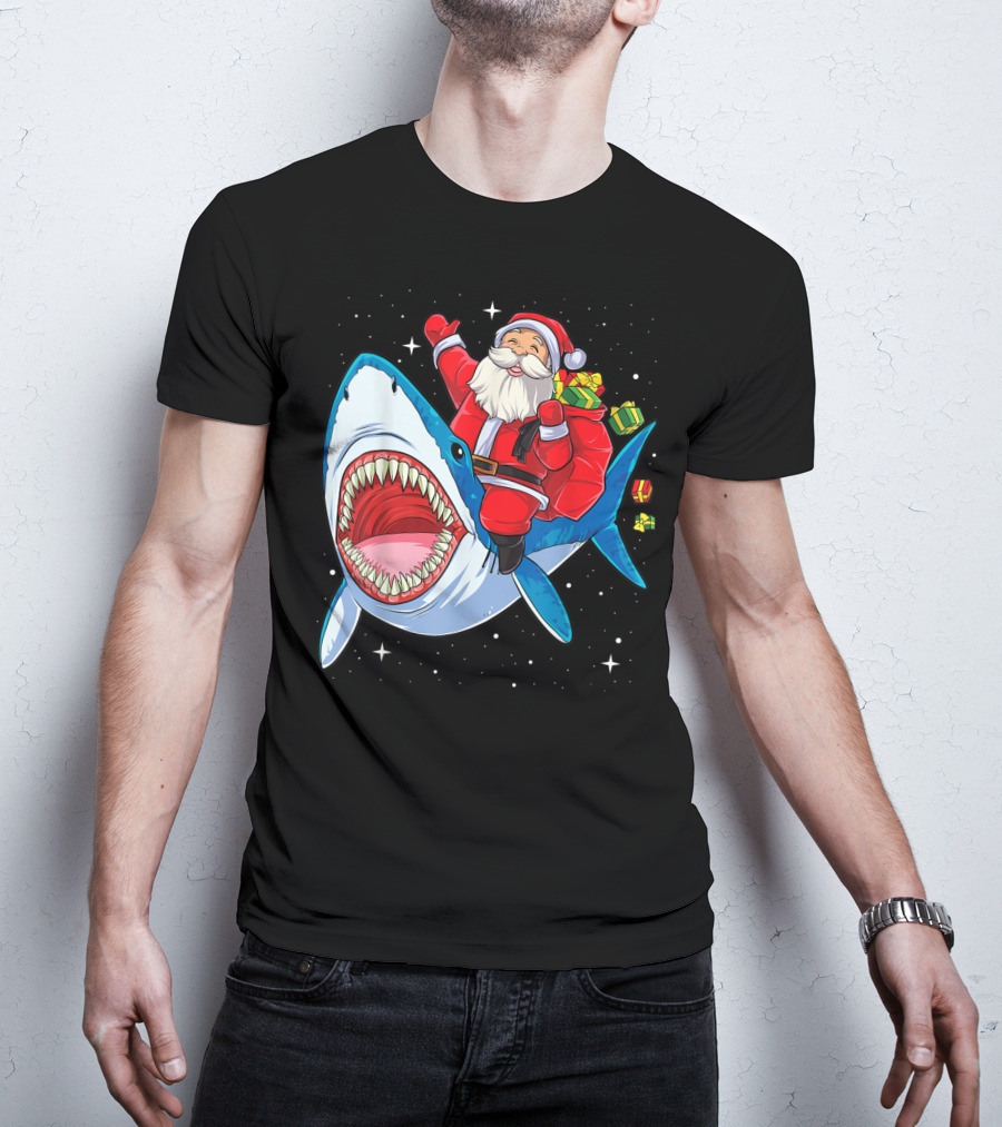 Santa And Presents On Shark In Starry Christmas Galaxy T-Shirt
