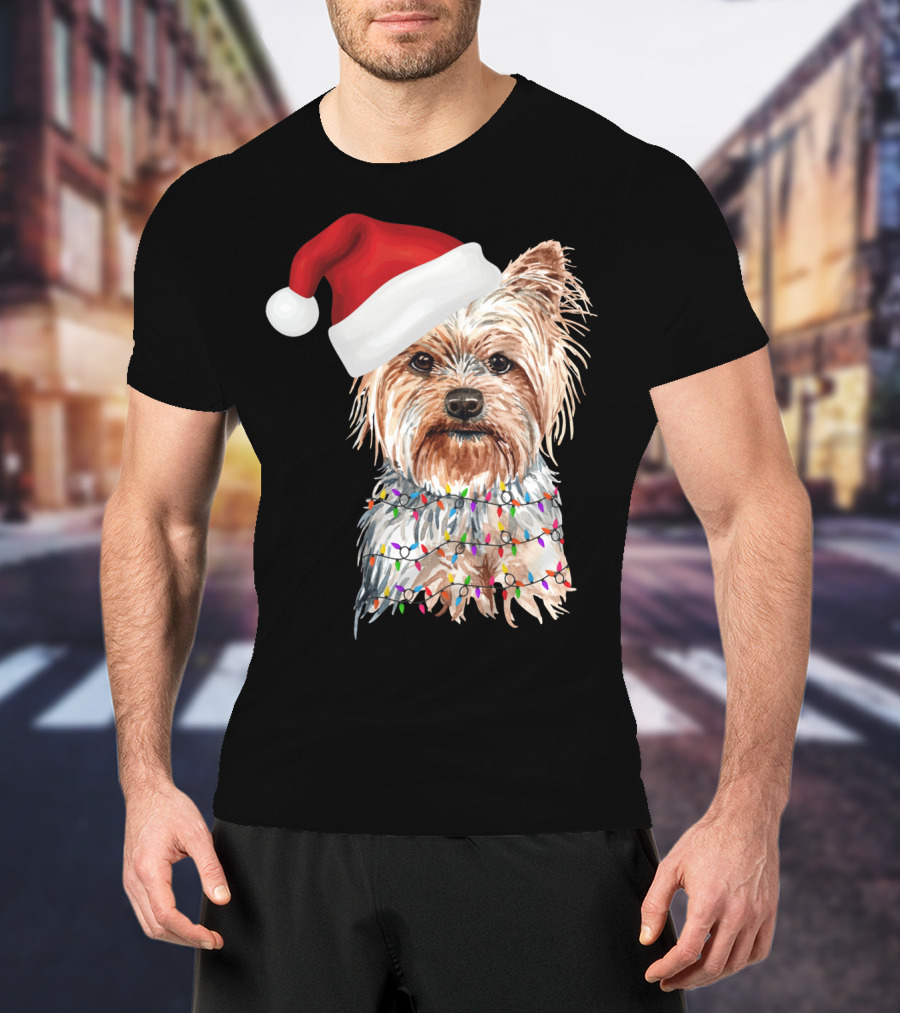 Santa Yorkie Terrier Dog With Christmas Lights Reindeer T-Shirt