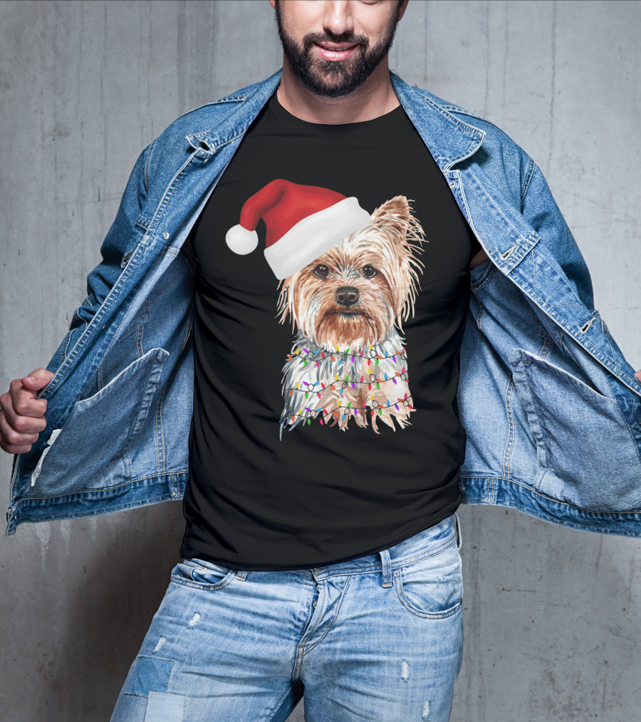 Santa Yorkie Terrier Dog With Christmas Lights Reindeer T-Shirt