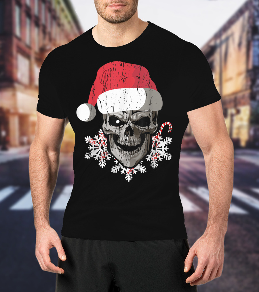Skull Santa Hat Snowflakes Candy Cane T-Shirt