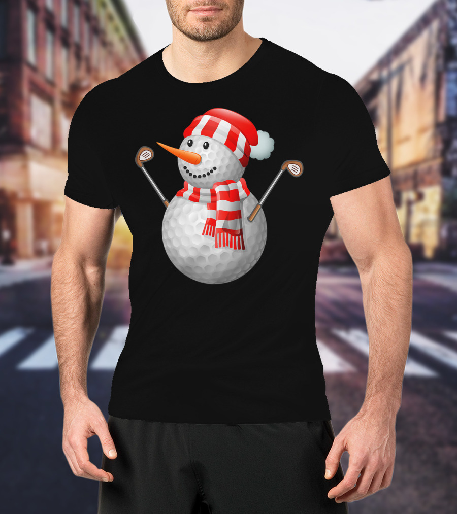 Snowman Golf Ball Christmas Hat Red Scarf Golf Clubs T-Shirt