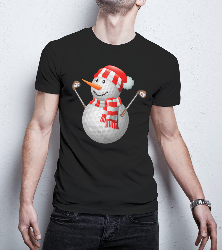 Snowman Golf Ball Christmas Hat Red Scarf Golf Clubs T-Shirt