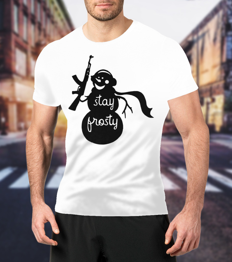 Stay Frosty Snowman With Headphones And Rifle T-Shirt