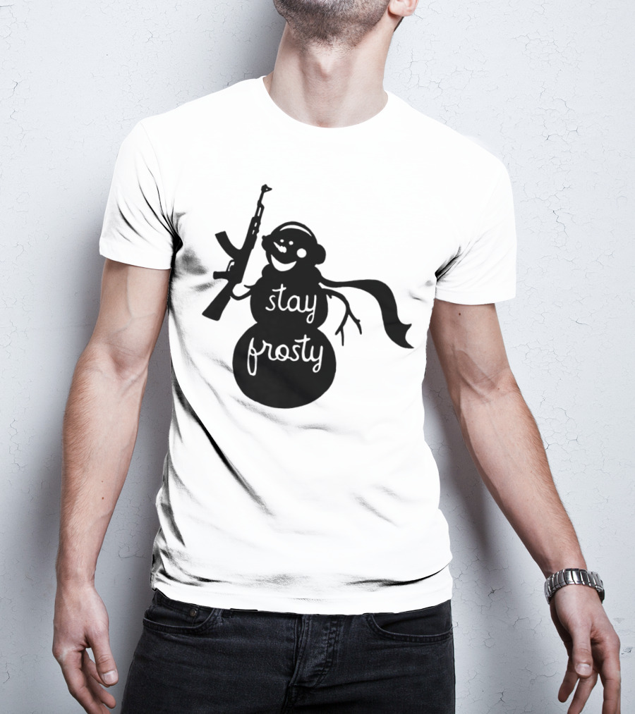 Stay Frosty Snowman With Headphones And Rifle T-Shirt