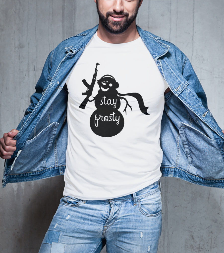 Stay Frosty Snowman With Headphones And Rifle T-Shirt