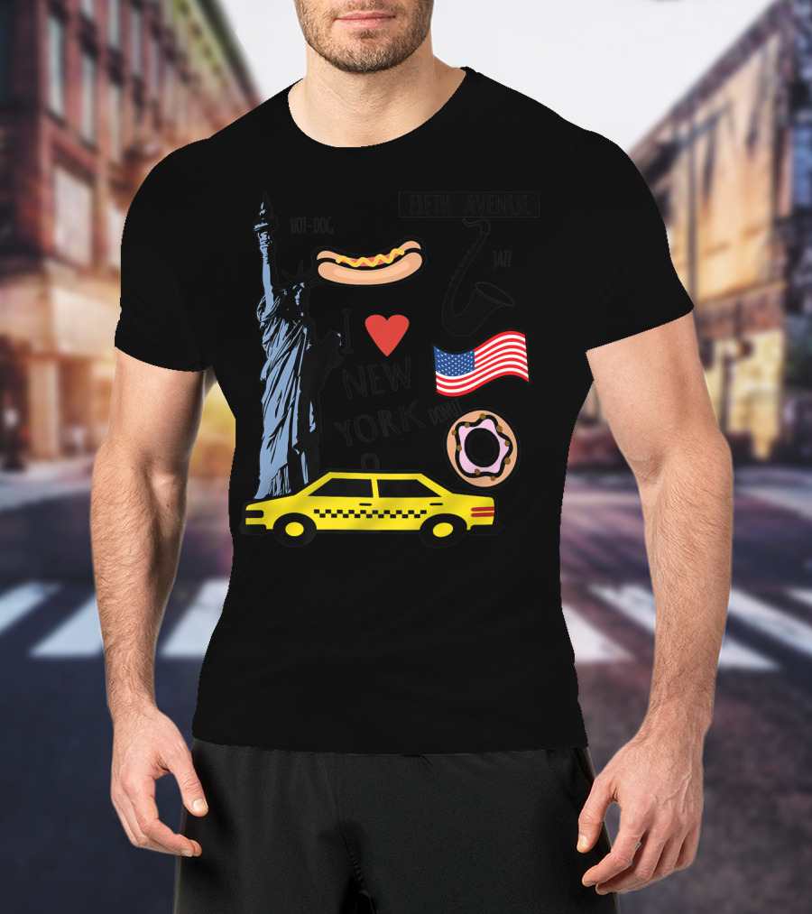 I Heart New York Top Spots Statue Of Liberty Taxi Fifth Avenue Hot Dog Jazz Donut American Flag T-Shirt