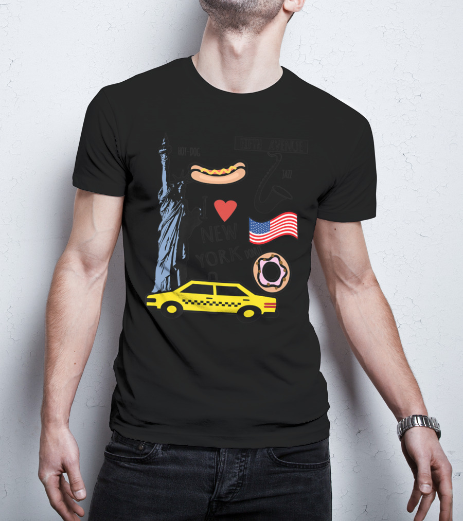 I Heart New York Top Spots Statue Of Liberty Taxi Fifth Avenue Hot Dog Jazz Donut American Flag T-Shirt