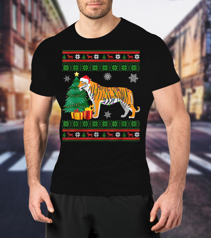 Tiger With Santa Hat And Christmas Tree Holiday Pattern Snowflakes And Reindeer T-Shirt