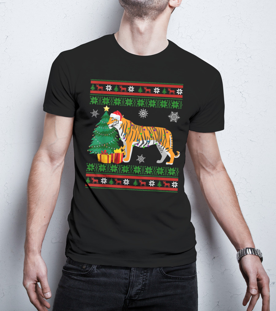Tiger With Santa Hat And Christmas Tree Holiday Pattern Snowflakes And Reindeer T-Shirt