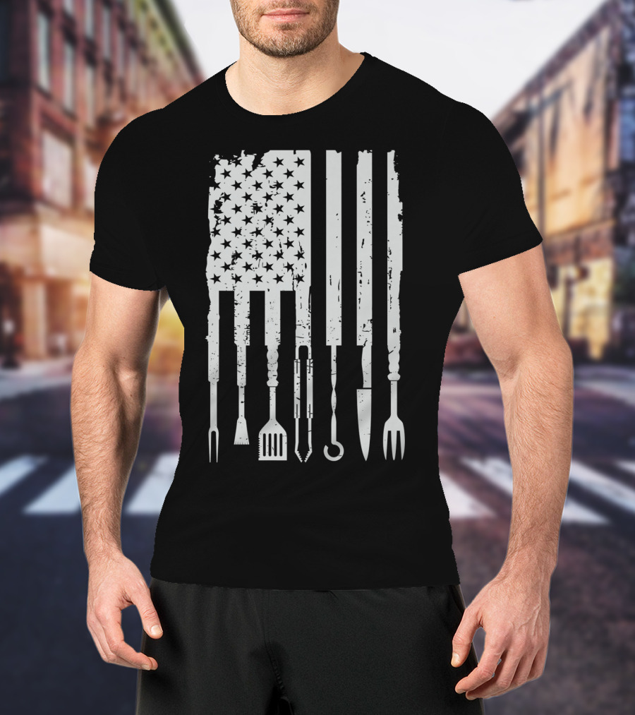 Vintage BBQ Smoker Grilling Barbecue Pitmaster American Flag Tools T-Shirt