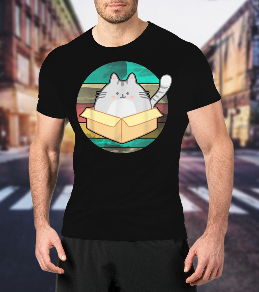 Retro Fat Cat In Box With Vintage Stripes T-Shirt