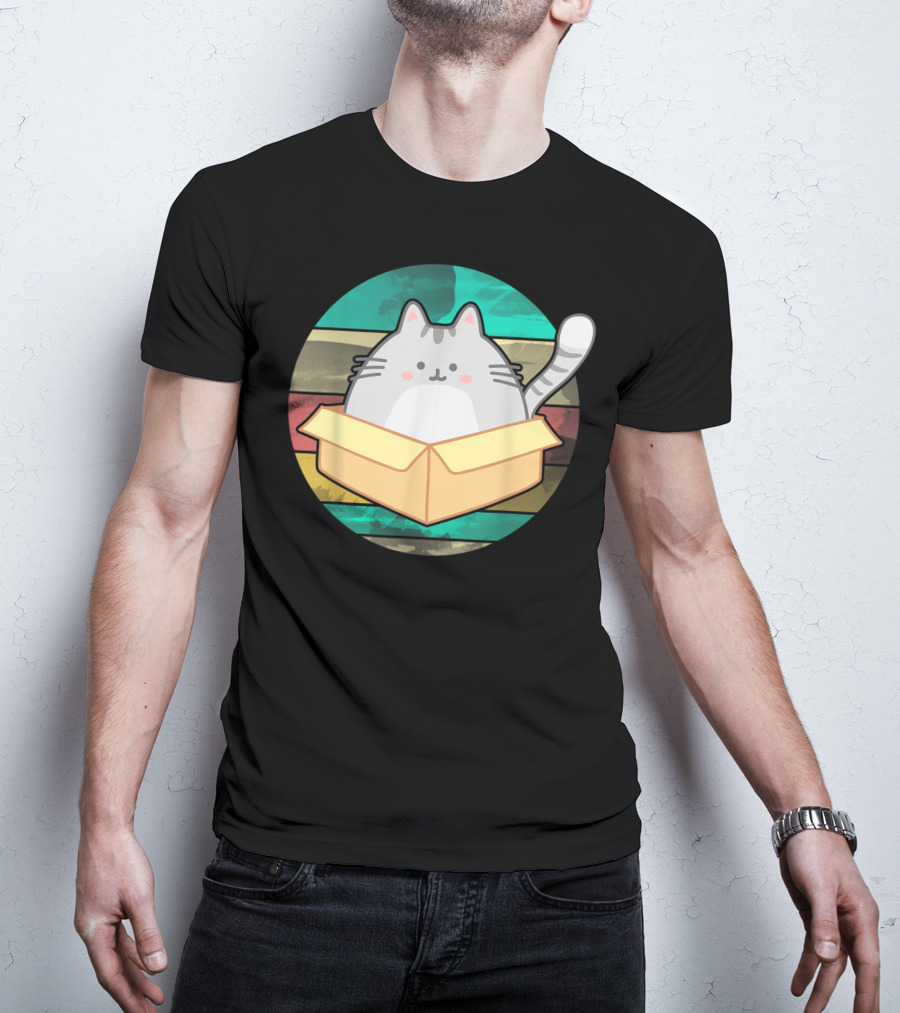 Retro Fat Cat In Box With Vintage Stripes T-Shirt