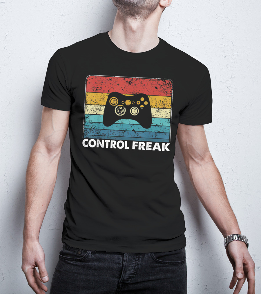 Control Freak Vintage Video Game Controller Retro Stripes T-Shirt