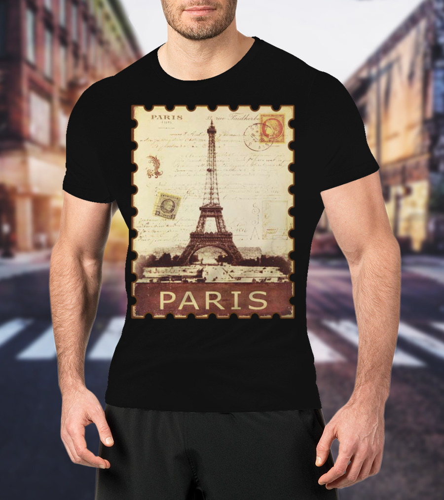 Vintage Eiffel Tower Paris Stamp With Distressed Paris Text T-Shirt