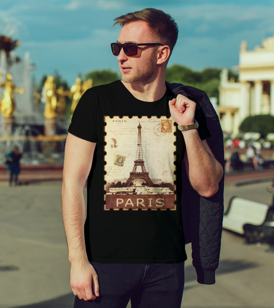 Vintage Eiffel Tower Paris Stamp With Distressed Paris Text T-Shirt