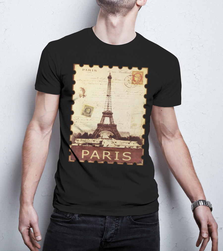 Vintage Eiffel Tower Paris Stamp With Distressed Paris Text T-Shirt